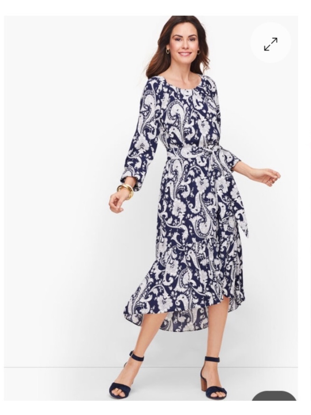 Talbots Navy and White Paisley Belted Flounce Hem Midi Dress